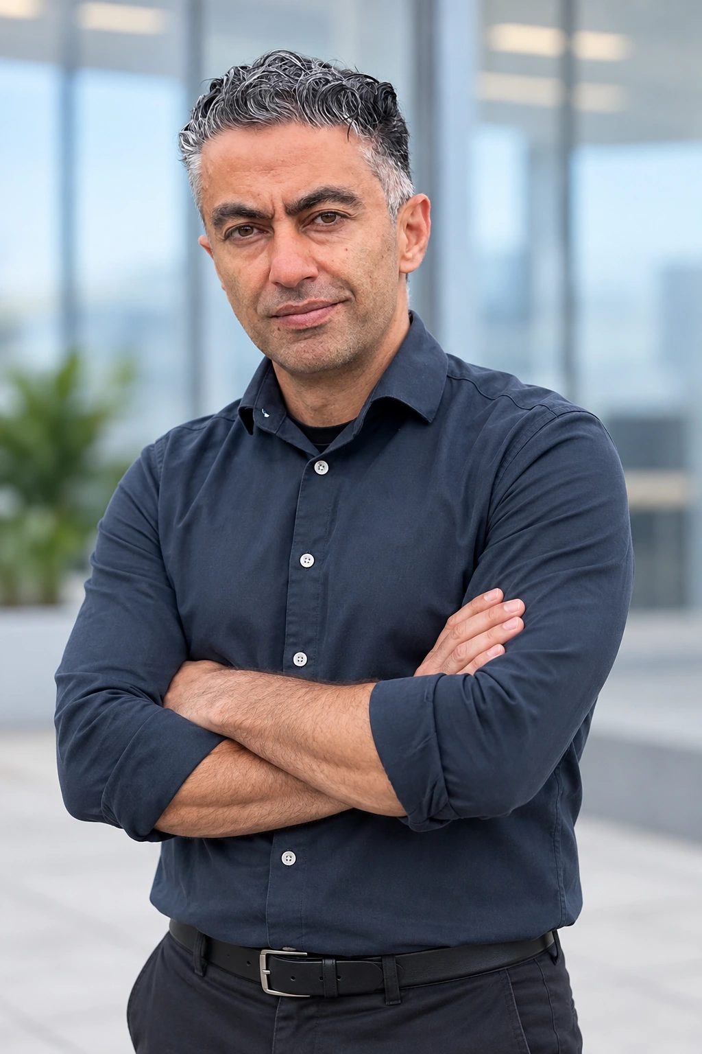 Parviz Moosavi, staand met de armen over elkaar